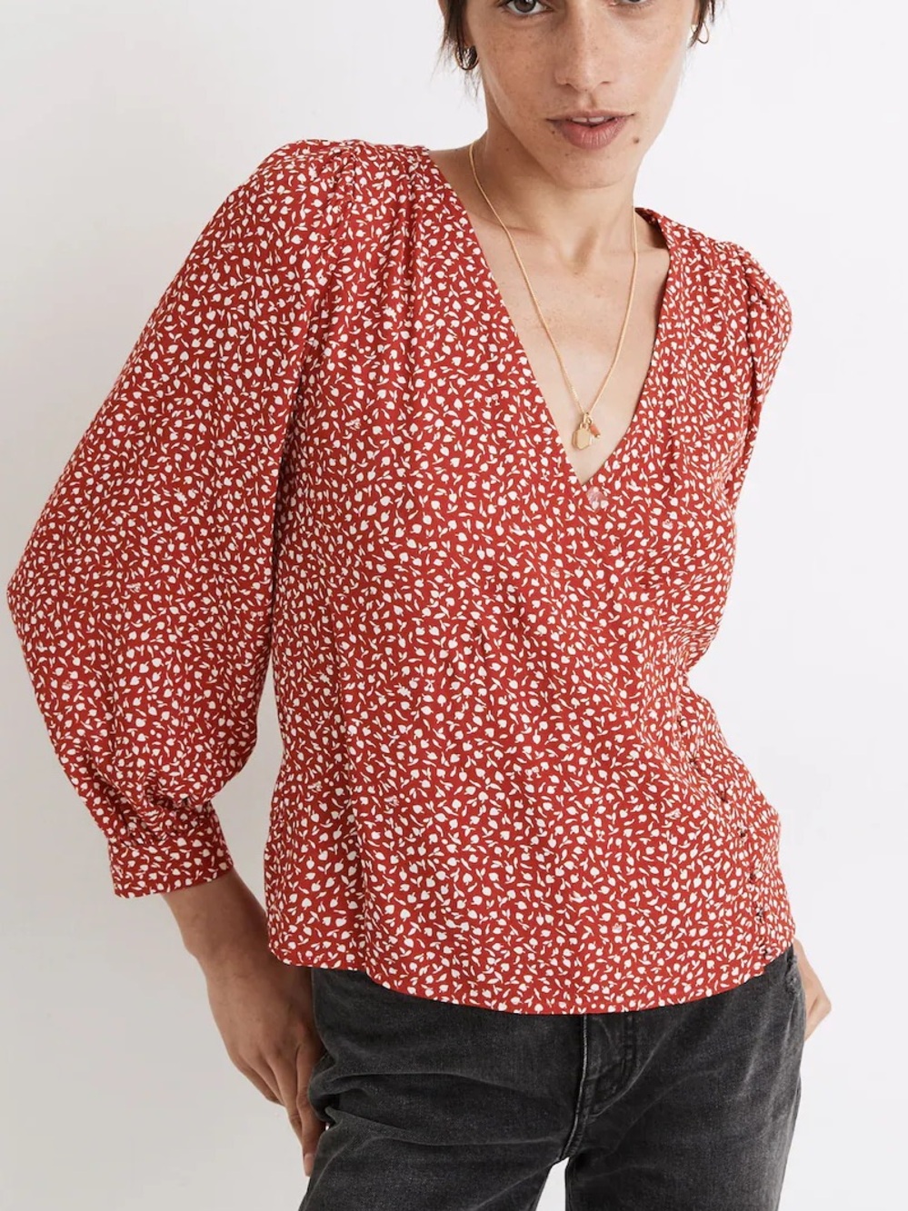 Madewell Kinston Side-Button Wrap Top Park Picnic Kilt Red Print Xs
